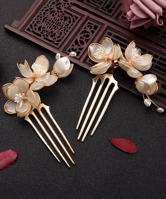 Gold a Pair Alloy Acrylic Pearl Lotus Hairpin