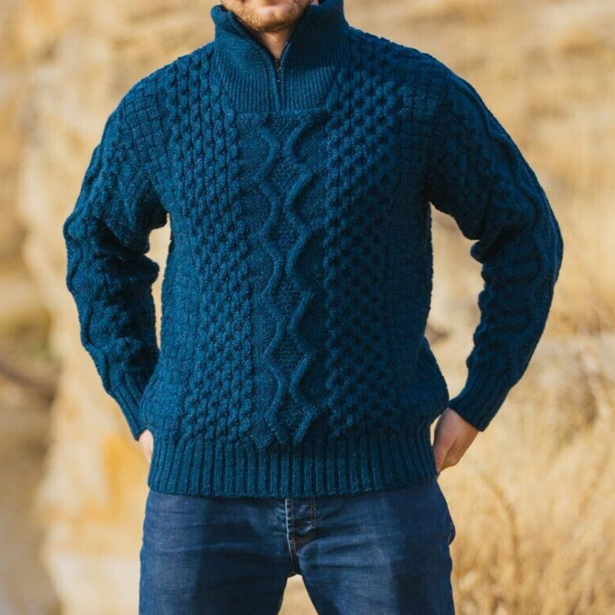 Men'S Vintage Cable Knit Aran Zip Neck Turtleneck Sweater elevenforest