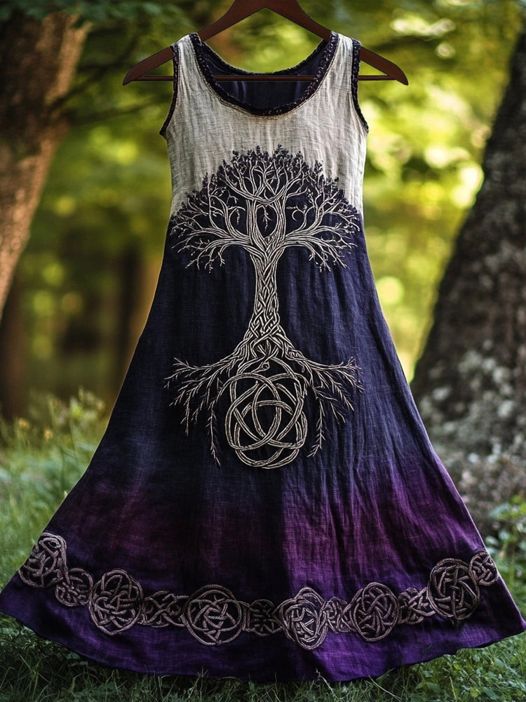 Vintage Tree Of Life Embroidered Gradient Linen Maxi Dress elevenforest