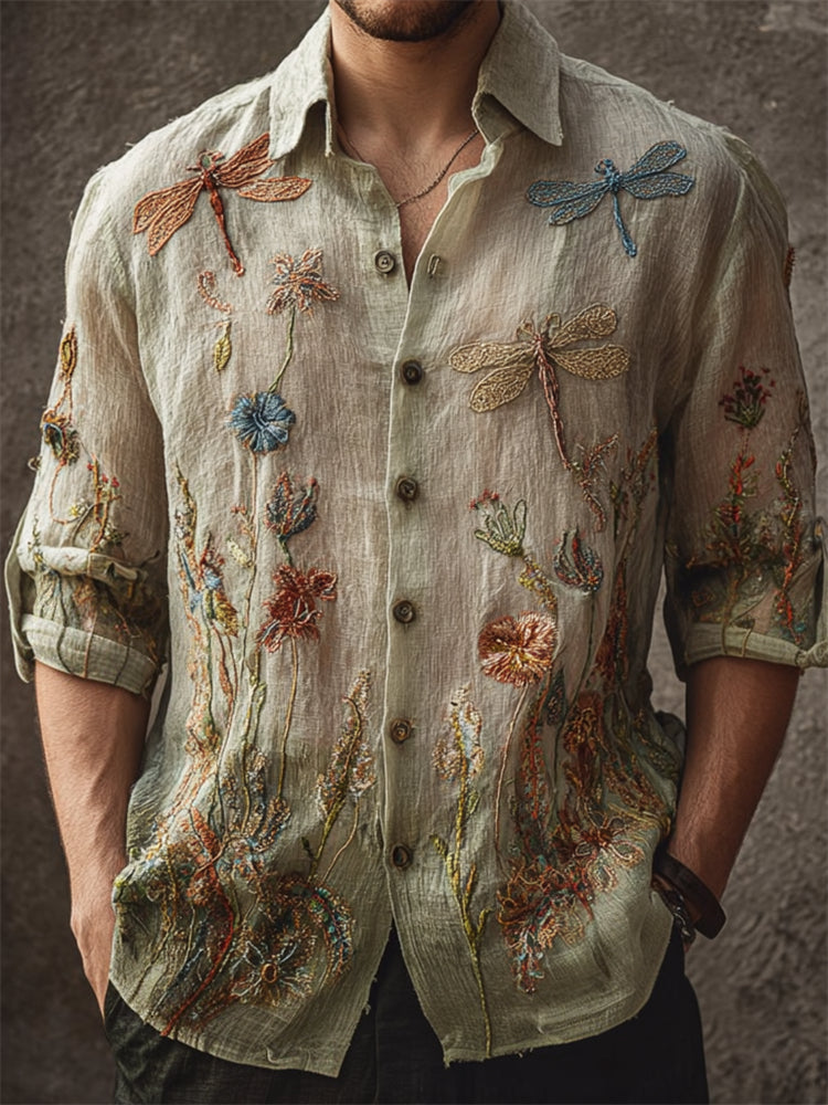 Men's Dragonflies Floral Beaded Embroidered Gradient Linen Shirt elevenforest
