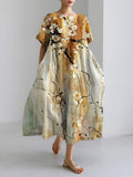 Vintage Ink Flower Print Linen Maxi Dress