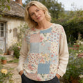 Rustic Floral Patchwork Pattern Women's Linen Long Sleeve Shirt elevenforest