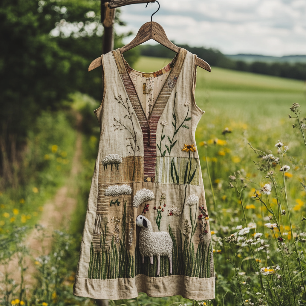 Women's Vintage Sheep And Grass Floral Print V-neck Dress elevenforest
