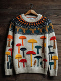 Comstylish Women's Retro Mushroom Print Crew Neck Sweater