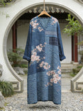 Comstylish Japanese Oil Painting Floral Patchwork Sea Wave Pattern Women's Linen V-neck Maxi Dress
