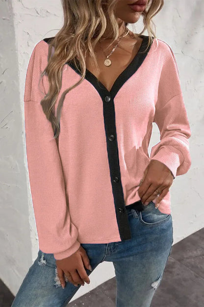 Patchwork Buttons V Neck T-shirts(7 Colors)