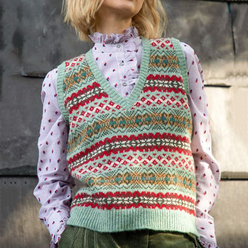 Vintage Sage Wool Icelandic Knit Jacquard Warmth Vest Sweater elevenforest