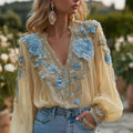 Women's Vintage Blue Floral Linen Blend Comfort Long Sleeve Shirt elevenforest
