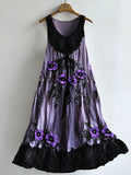 Classy Purple Floral Lace Patchwork Flowy Linen Dress elevenforest