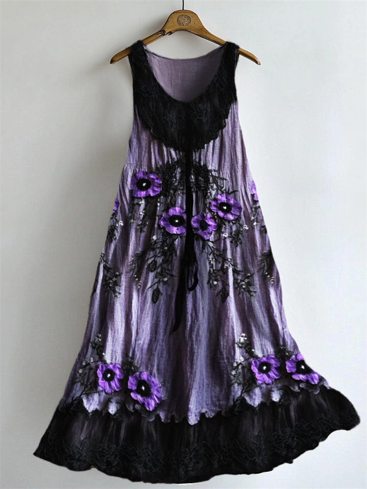 Classy Purple Floral Lace Patchwork Flowy Linen Dress elevenforest