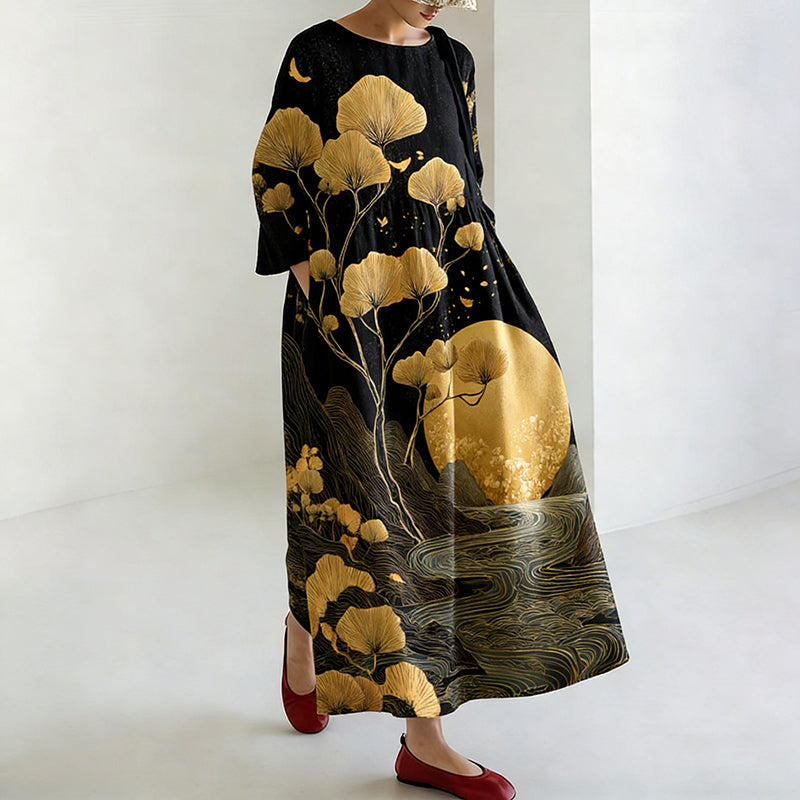 Comstylish Women's Japanese Landscape And Plant Pattern Linen Dress