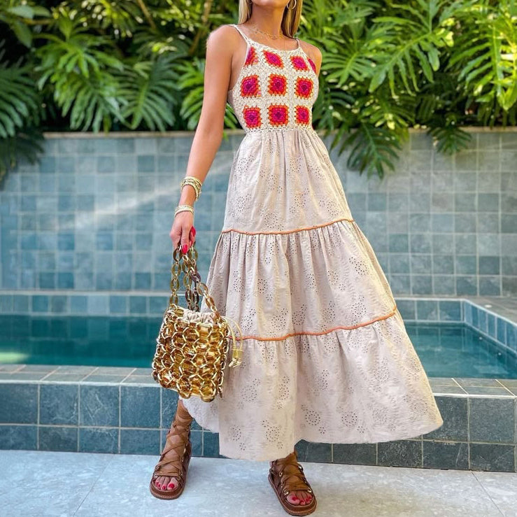 Holiday Style Crochet Patchwork Hollow Print Midi Dress elevenforest