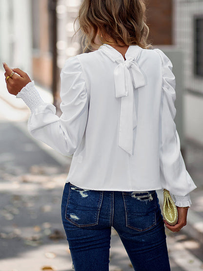 Long Sleeves Puff Sleeves Pleated Color Half Turtleneck Blouses&shirts Tops