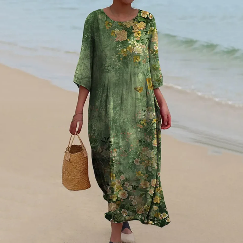 Women's Vintage Ethnic Floral Print Crew Neck Linen Blend Midi Dress elevenforest