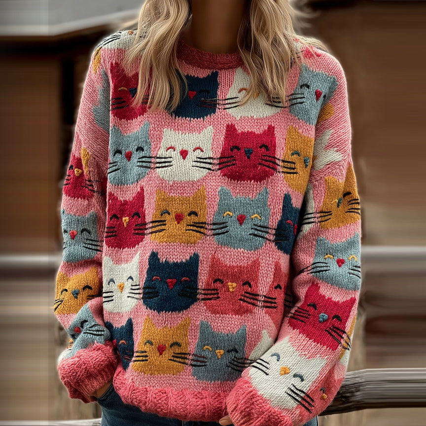 Comstylish Women's Colorful Cats Pattern Art Cozy Knit Sweater