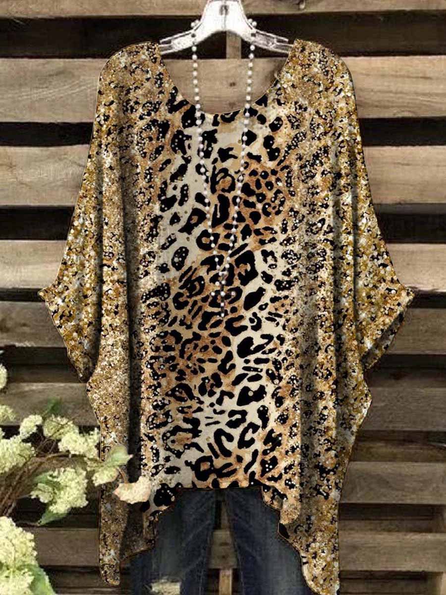 Women's Vintage Glitter Patchwork Leopard Abstract Print Top