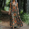 Women's Ethnic Totem Floral Art Pattern Print V-neck Sleeveless Pocket