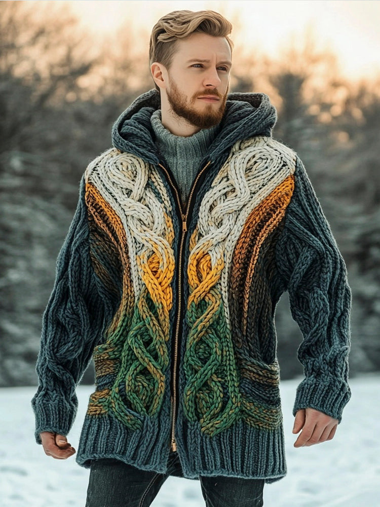 Celtic Knot Gradient Chunky Knit Pattern Men's Zipper Hooded Sweater elevenforest