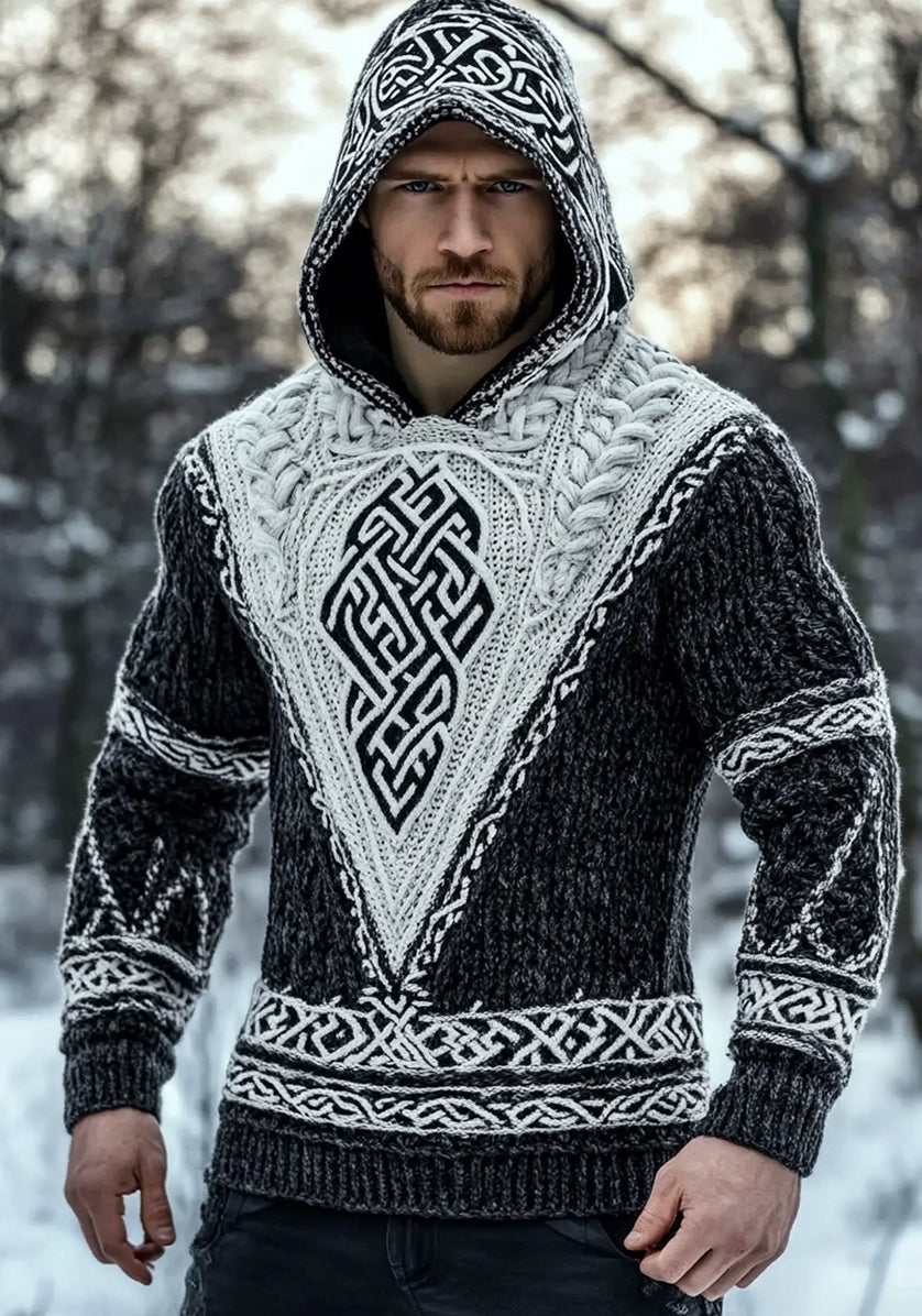 Men's Vintage Viking Celtic Jacquard Chunky Hooded Sweater elevenforest