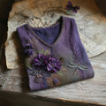 Vintage Boho Dragonfly Floral Embroidery Women's V-neck Linen T-shirt elevenforest