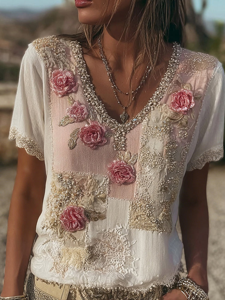 Boho Pink Floral Lace Patchwork Comfy Linen Shirt elevenforest