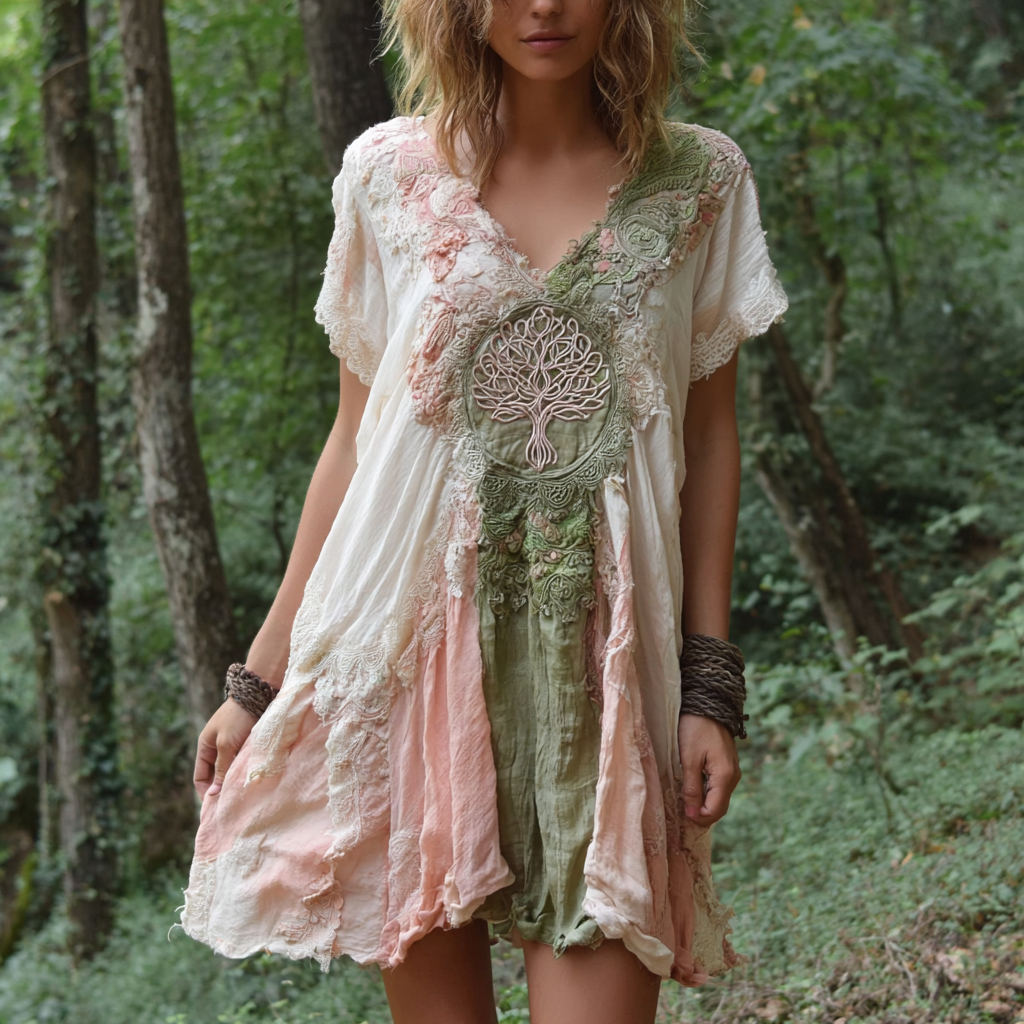 Women's Vintage Viking Tree Of Life Gradient Short Sleeve Dress elevenforest