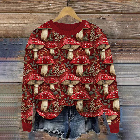 Comstylish Vintage Beaded Velvet Mushroom Embroidered Cozy Knit Sweater