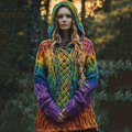 Women's Irish Rainbow Pattern Jacquard Pocket Cozy Hooded Sweater elevenforest