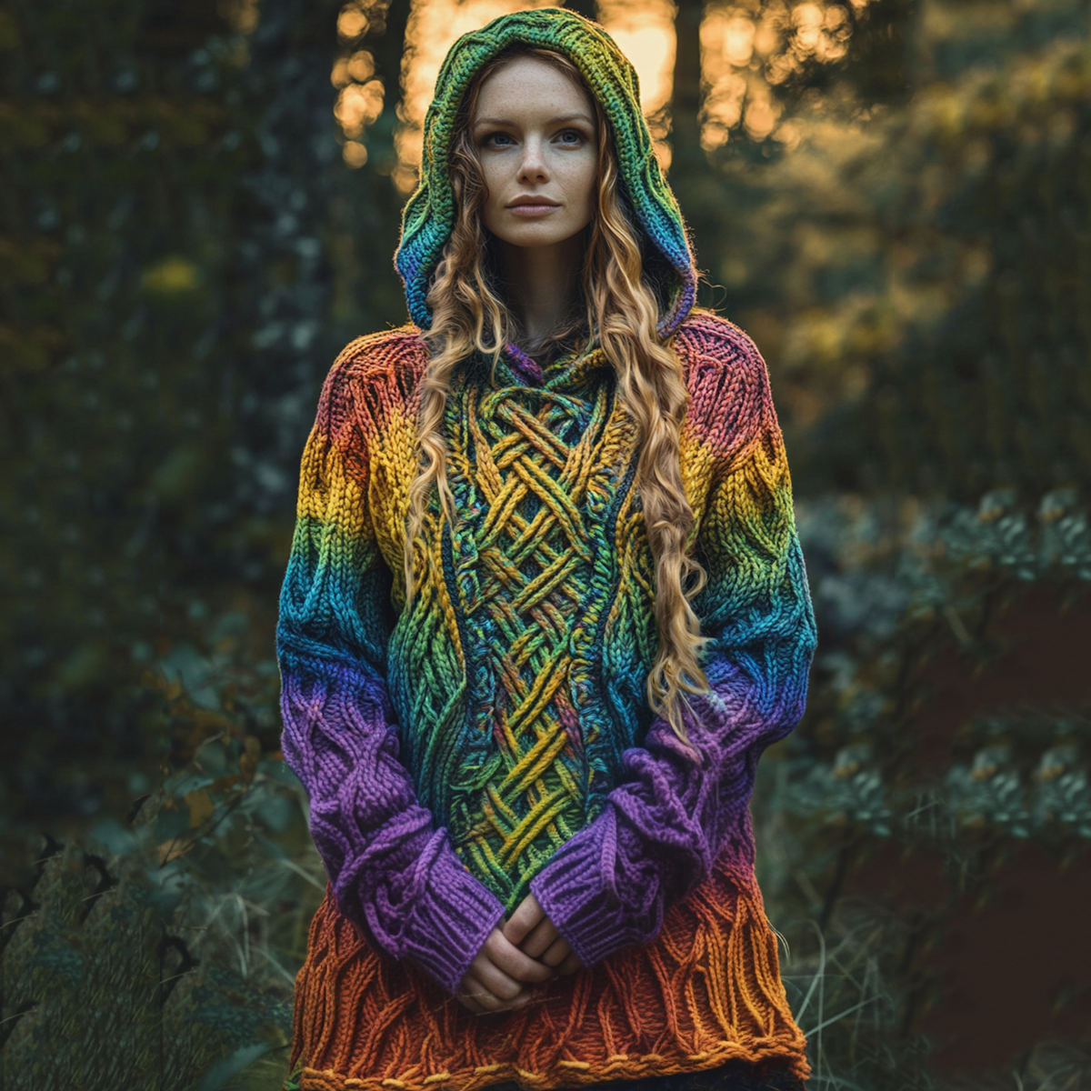 Women's Irish Rainbow Pattern Jacquard Pocket Cozy Hooded Sweater elevenforest