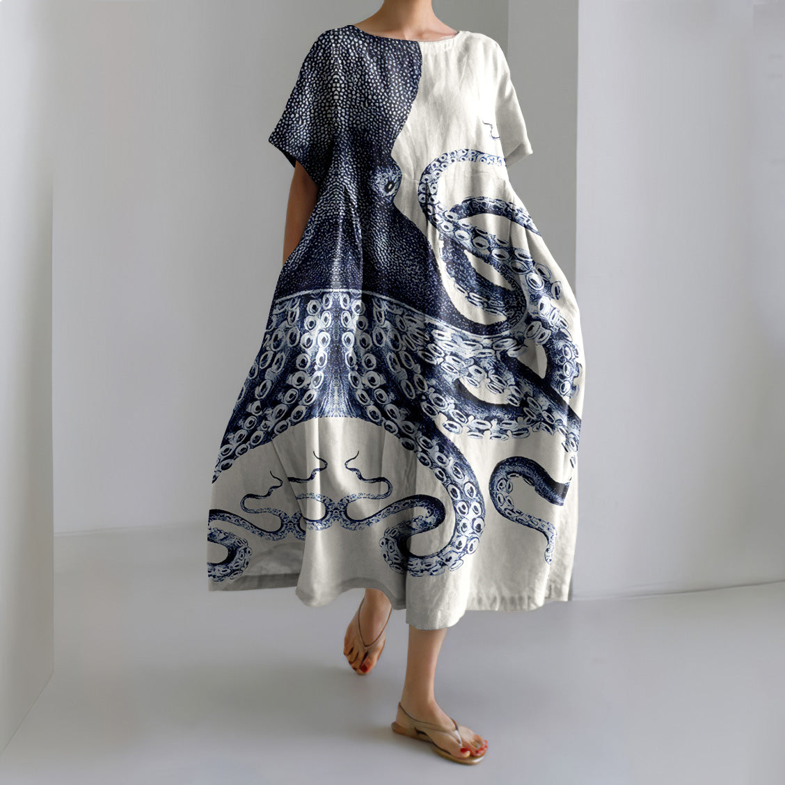 Japanese Octopus Art Print Short Sleeve Loose Midi Dress elevenforest