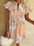 Cat Ruffled Short-sleeved V-neck Buttoned Dress Vacation Beach Dress