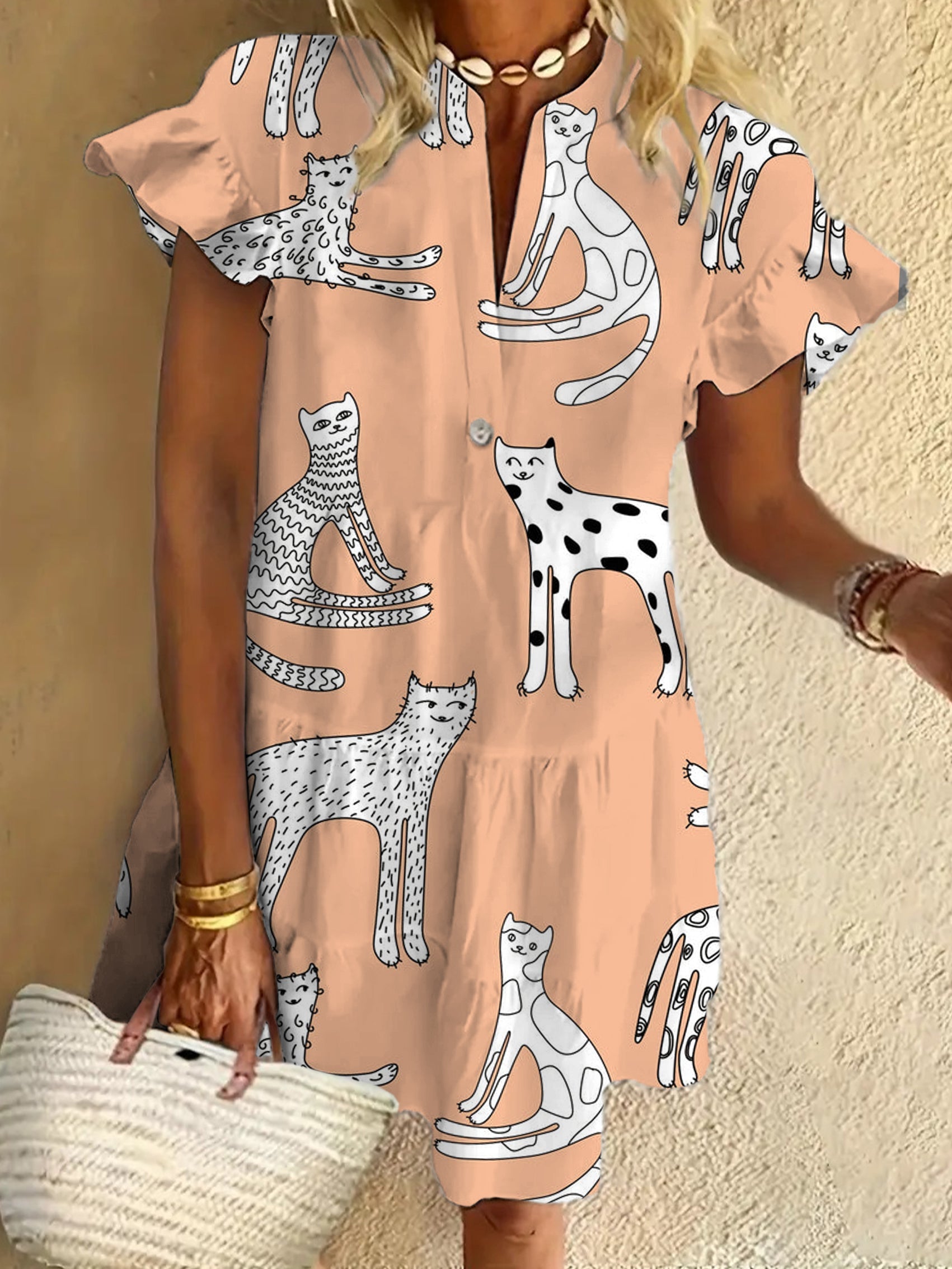 Cat Ruffled Short-sleeved V-neck Buttoned Dress Vacation Beach Dress