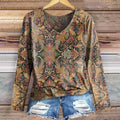 Women's Retro Ethnic Totem Pattern Print Casual V-neck Long Sleeve T-s