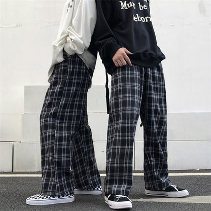 Oversize Pants Sweatpants Summer Black Plaid Pants Elastic Waist Pockets Student Trousers
