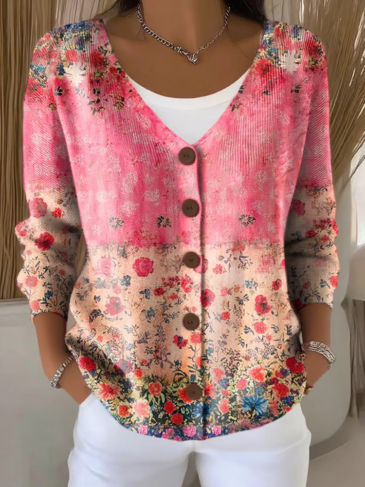Women's Casual Retro Plant Pattern Ribbed Cardigan elevenforest