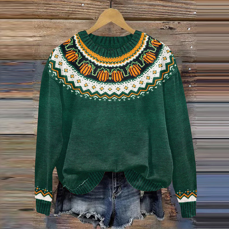 Halloween Pumpkin Ethnic Print Knitted Pullover Sweater artswardrobe