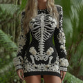 Comstylish Women's Hot Sexy Style Halloween Skeleton Bones With White Rose Art Cozy Knit Mini Sweater Dress