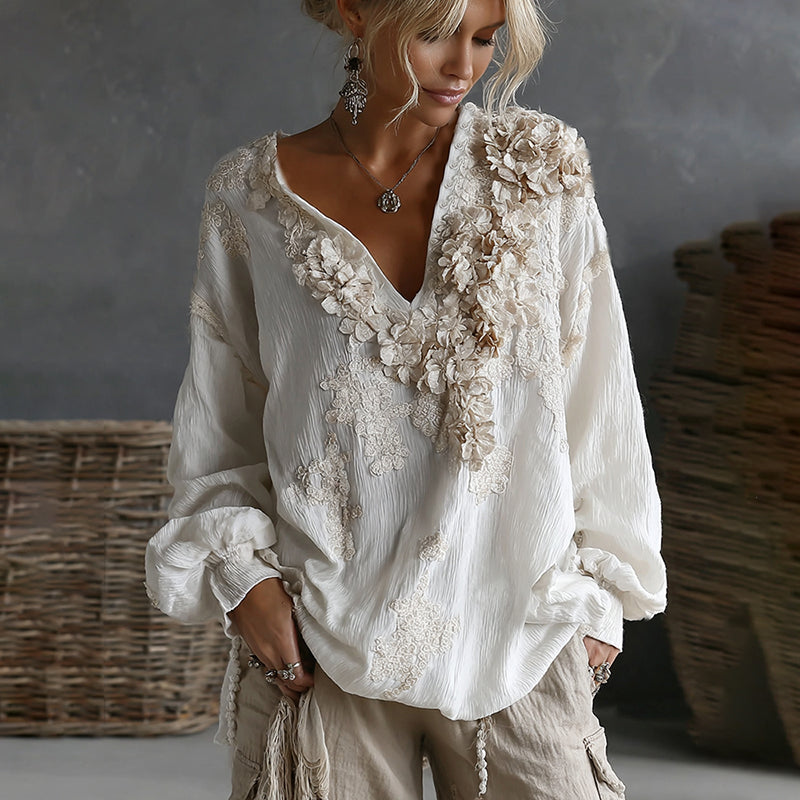 Vintage Boho Roses Embroidered Art V Neck Linen Tunic elevenforest