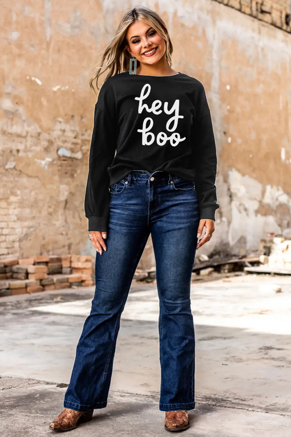 Cool Black Hey Boo Print Sweatshirt