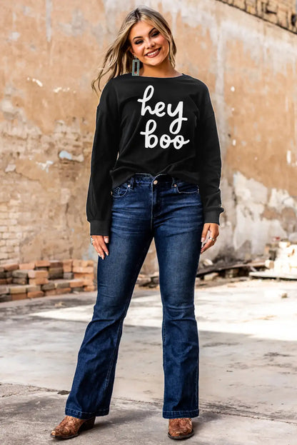 Cool Black Hey Boo Print Sweatshirt