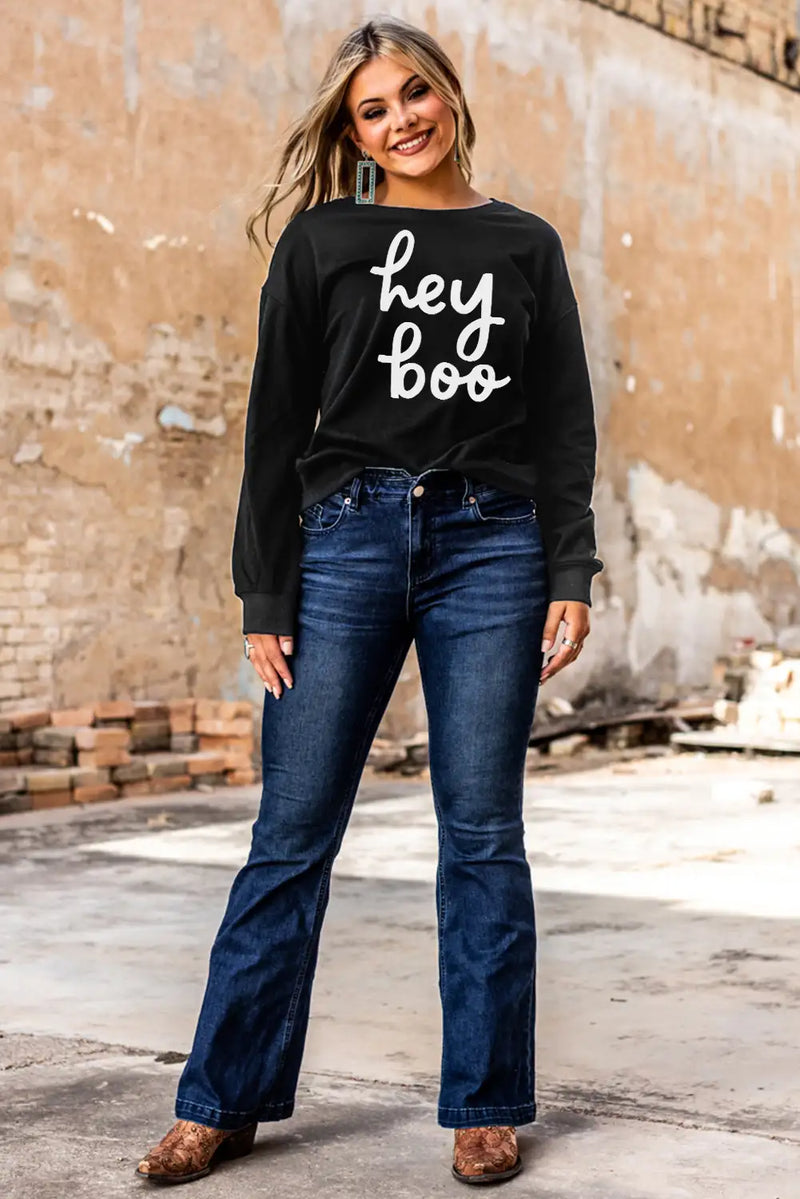 Cool Black Hey Boo Print Sweatshirt