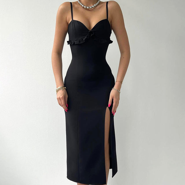 Summer ’s Dress Color Slit Camisole Skinny Ruffle Decoration Wedding Evening Party Outfit