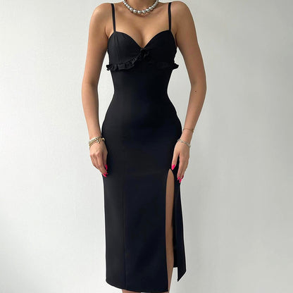 Summer ’s Dress Color Slit Camisole Skinny Ruffle Decoration Wedding Evening Party Outfit