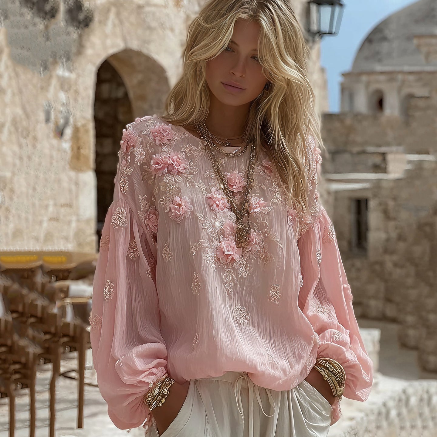 Women's Pink Rose Embroidered Art  Linen Tunic elevenforest