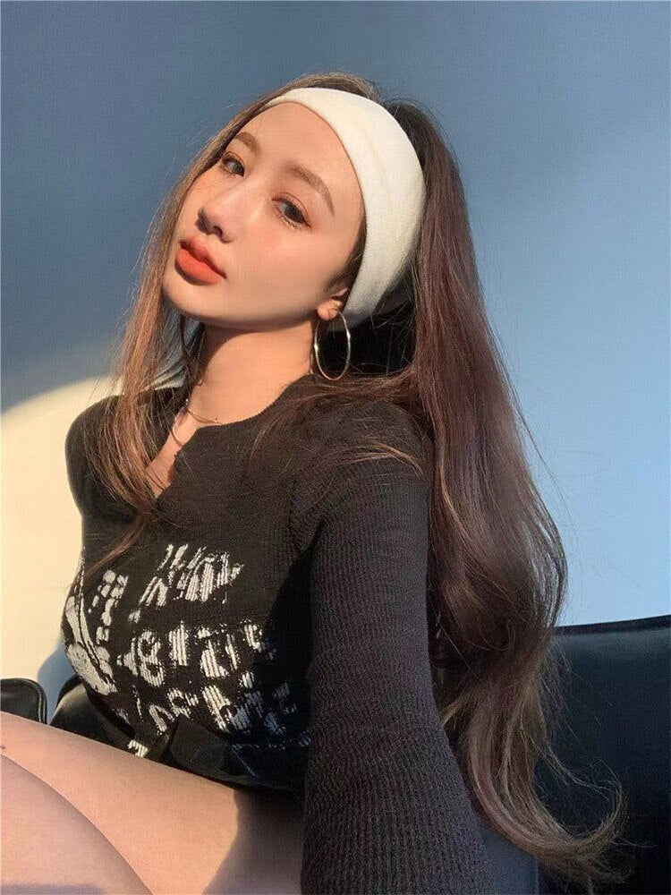 Long Sleeve Crop Top Grunge Clothes Letter T-shirt Aesthetic Clothes Korean Style Slim Autumn Y2k Top