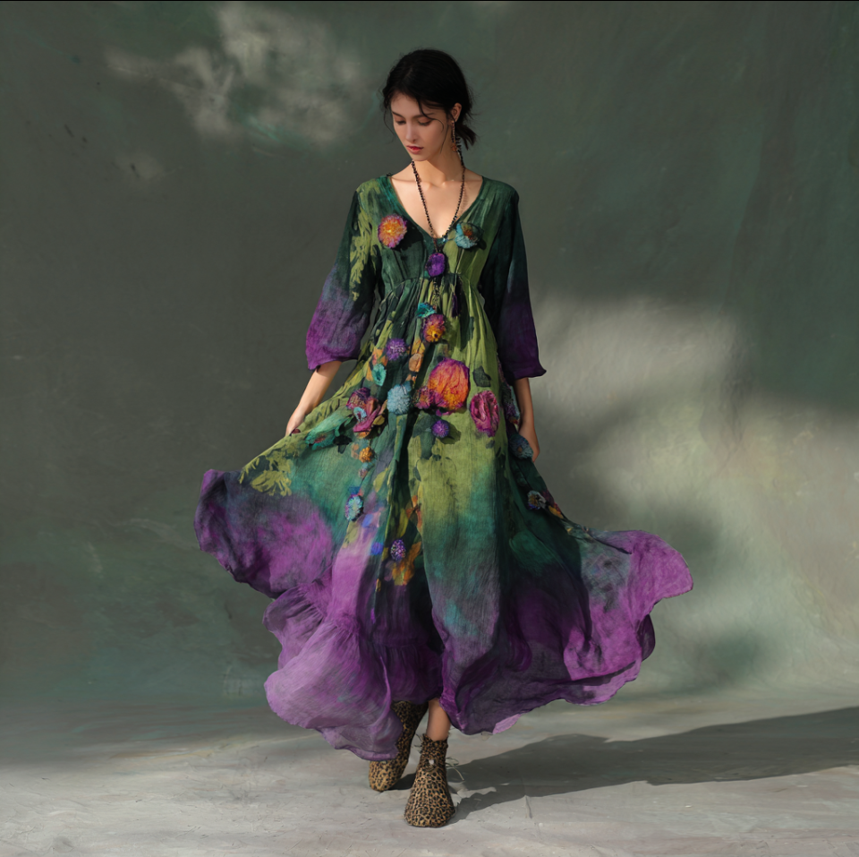 Bohemian Style Three-dimensional Floral Pattern Green And Purple Gradient Long Dress elevenforest