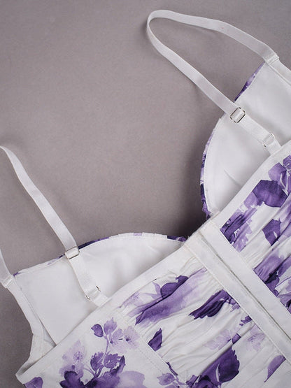 Printed Boning Corset Pleated Cropped Tank Top