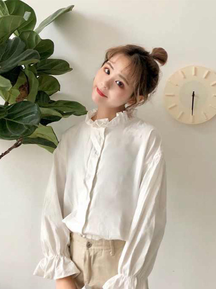 White Blouse Shirts Harajuku Clothes Tops and Blouses All Match Flare Sleeve Korean Style New Ulzzang