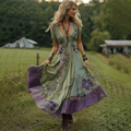 Classy Gradient Purple Lavender And Floral Embroidered Linen Maxi Dress elevenforest