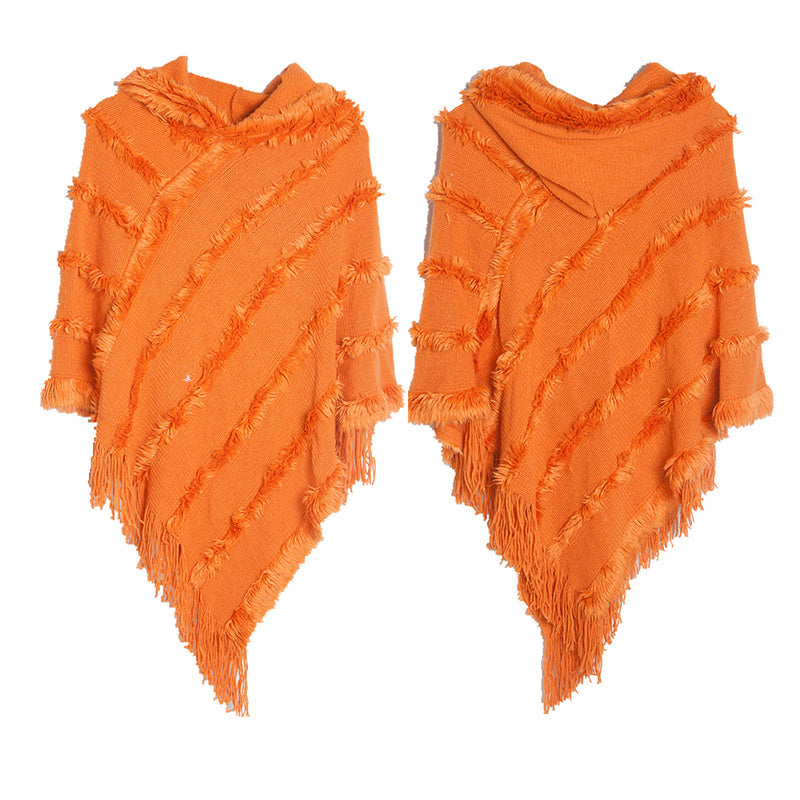 Vintage Solid Fringed Hooded Sweater Pullover Shawl elevenforest